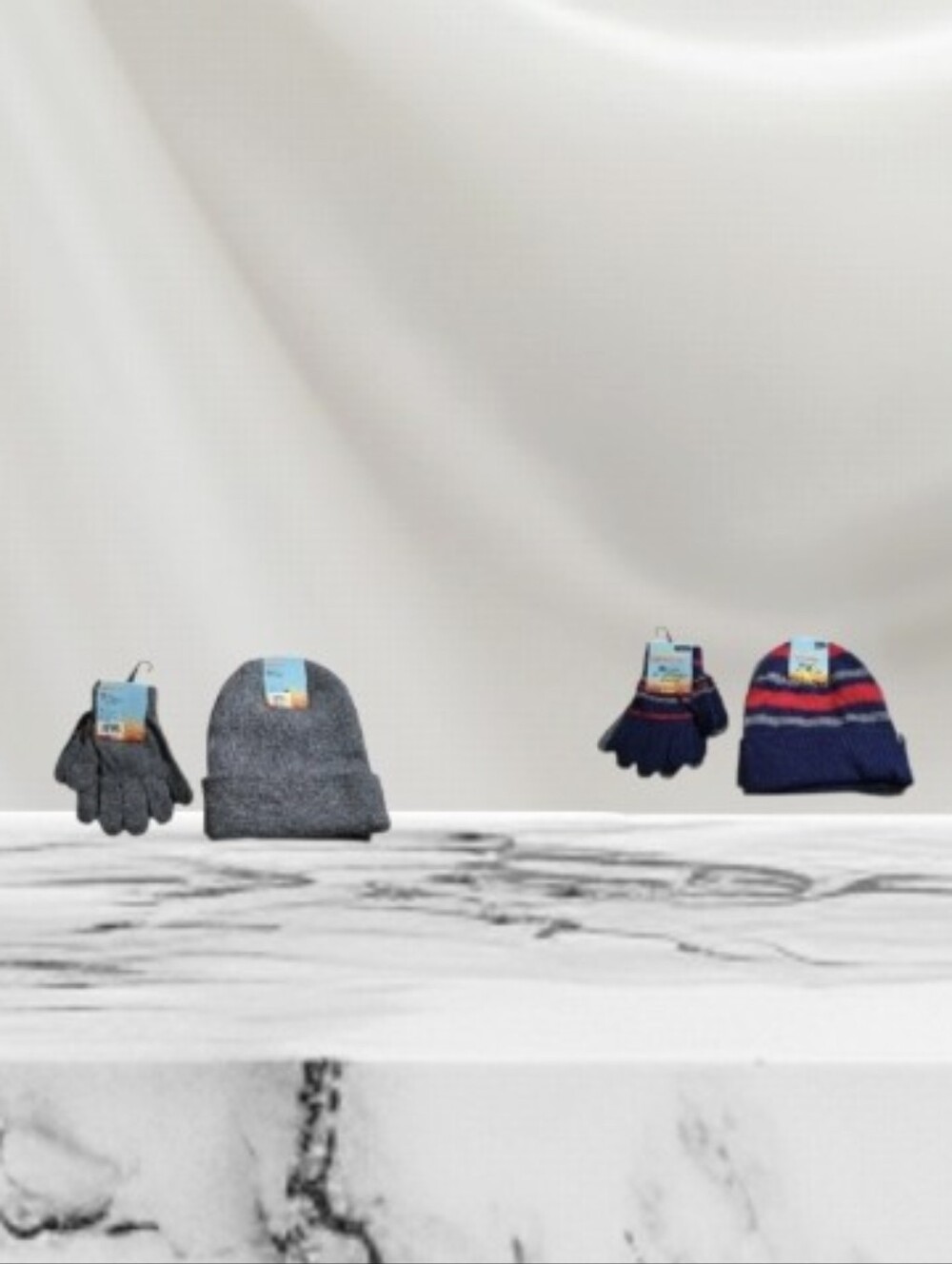 #HL02 Kids Winter Beanie and Gloves Set - Gray / Navy 2 Pairs